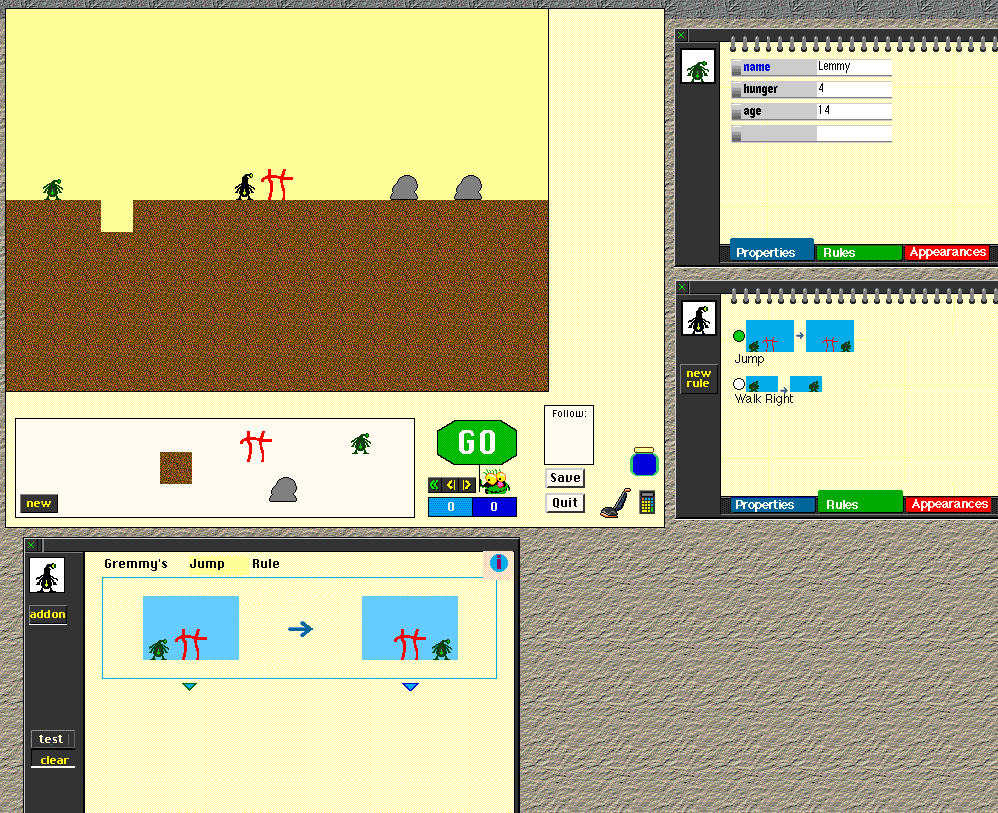 The KidSim screen. From "KidSim: End User Programming of Simulations" by Cypher, Allen and Smith, David C. Abstracting with credit is permitted. Link: http://acypher.com/Publications/CHI95/KidSimCHFigure i.html 